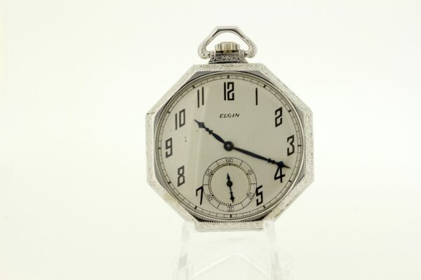 Timekeepersclayton Vintage 1920s 14K Gold Elgin Hexagonal Case Pocket Watch Flowers Engraved Art Deco