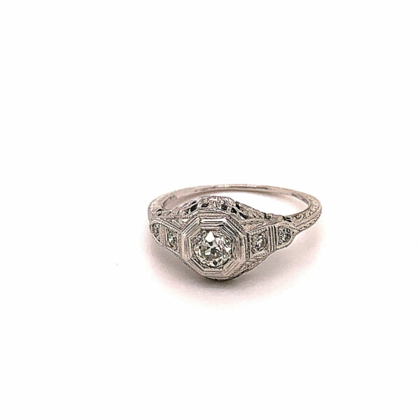Timekeepersclayton Vintage 1920s 18K White Gold Flower and Wheat Leaf Engraved 0.30ct Euro Cut Center Diamond Ring