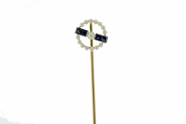 Timekeepersclayton Vintage 1920s Stick Pin 14K Yellow Gold with White Pearls and Facected Blue Accents