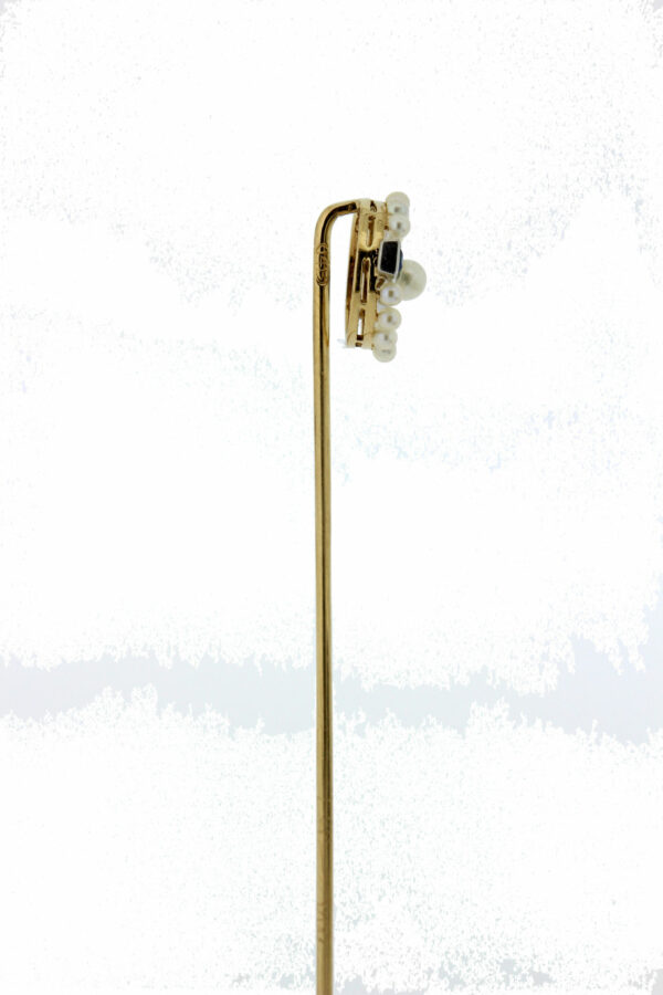 Timekeepersclayton Vintage 1920s Stick Pin 14K Yellow Gold with White Pearls and Facected Blue Accents
