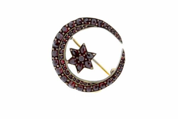 Timekeepersclayton Vintage Gold Filled European-made Crescent Moon Brooch with Pave set Red Garnets Pin Celestial