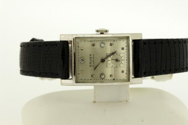 Timekeepersclayton Vintage Gruen Curvex Solid 14K White Gold Wrist Watch with Diamond Dial