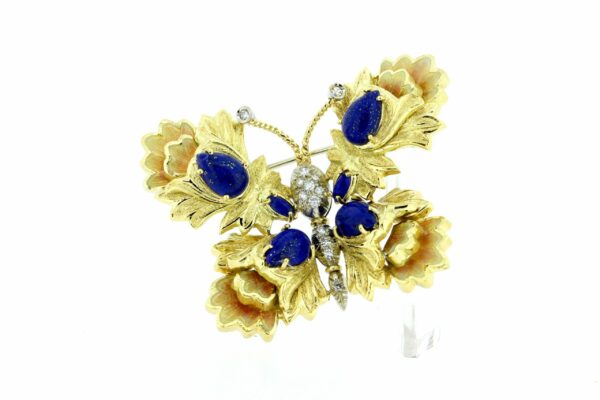 Timekeepersclayton Vintage Italian Made 18K Yellow Gold Butterfly Brooch Blue Lapis Lazuli Diamonds Hand Engraved and Lush Enamel Clip Pin