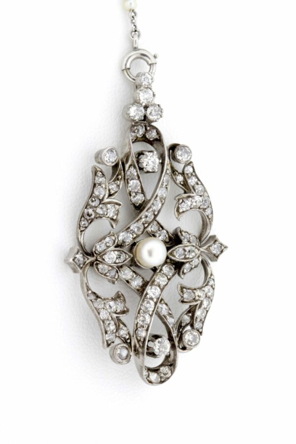 Timekeepersclayton Vintage Platinum Pendant with Diamonds and Pearl with Chain Necklace