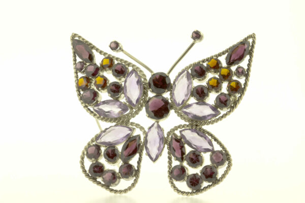 Timekeepersclayton Vintage Sterling Silver Butterfly Brooch Pin with Purple and Red-Orange Accents and Filligree