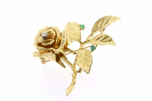 Timekeepersclayton Vintage Stunning 14K Yellow Gold Rose Brooch Pin Hand Engraved Floretine Finish with Green Emeralds and Prong Set White Diamond
