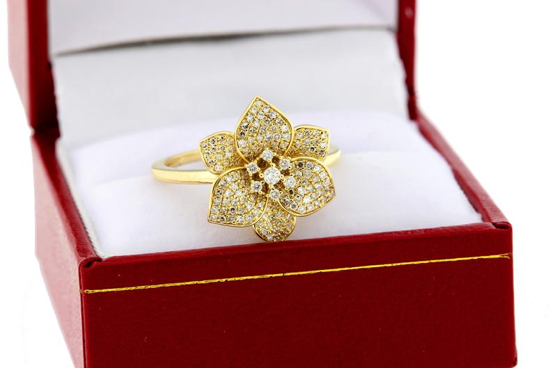 Dazzling 14K Yellow Gold White Diamond Pave Set Flower Ring