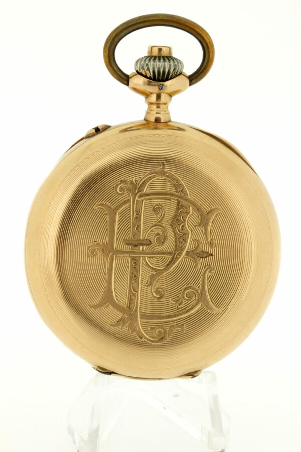 14K Yellow Gold Chronograph Pocket Watch Irevet Ornate Hands with Box Hand Engarved Initials "EP"