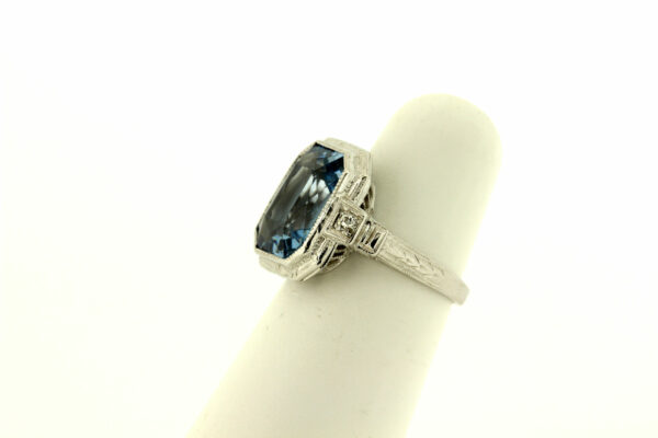 Timekeepersclayton 14K Gold Milgrain and Hand Engraved Ring with Faceted Blue Center and White Accents