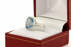 14K Gold Milgrain and Hand Engraved Ring with Faceted Blue Center and White Accents