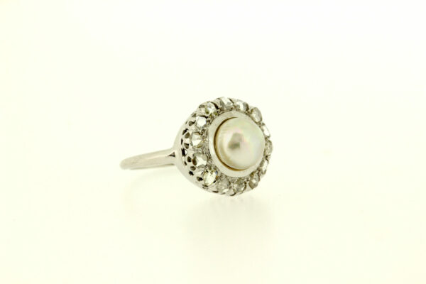 Timekeepersclayton 14K Gold 7.7mm Pearl Ring with Vintage Rosecut White Diamond Halo Wedding Engagement Ring