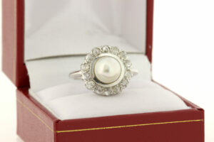 14K Gold 7.7mm Pearl Ring with Vintage Rosecut White Diamond Halo Wedding Engagement Ring