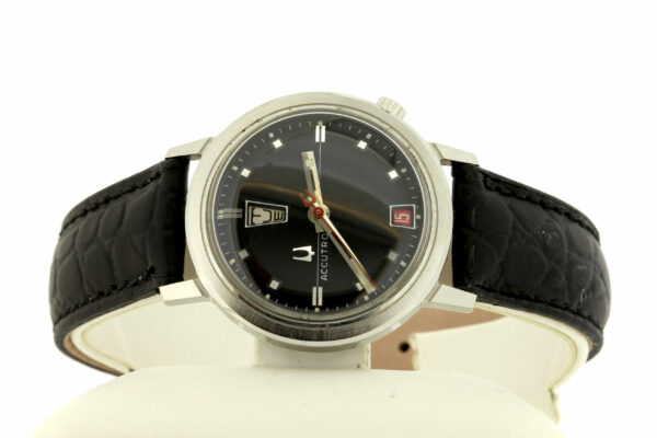 Timekeepersclayton Bulova Accutron Wrist Watch Steel Case with Date Day Black Dial Vintage