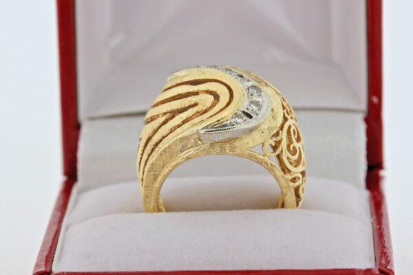 Timekeepersclayton 14K Yellow Gold Swirling Vine Ring with Florentine Finish and White Diamond Accents