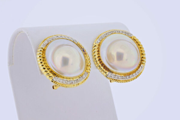 Timekeepersclayton 14K Gold Earrings Mabe Pearl with Diamond Halo Omega Stud Back Threaded