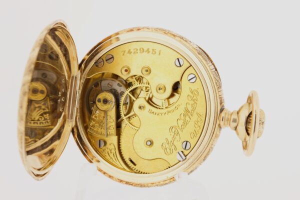 Timekeepersclayton 1897 14K Gold Elgin Pocket Watch Ornate Hands and Dial with Floral Engraved Case