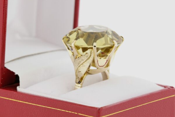 Timekeepersclayton 14K Yellow Gold Leaf Ring with Faceted Yellow Glass Center