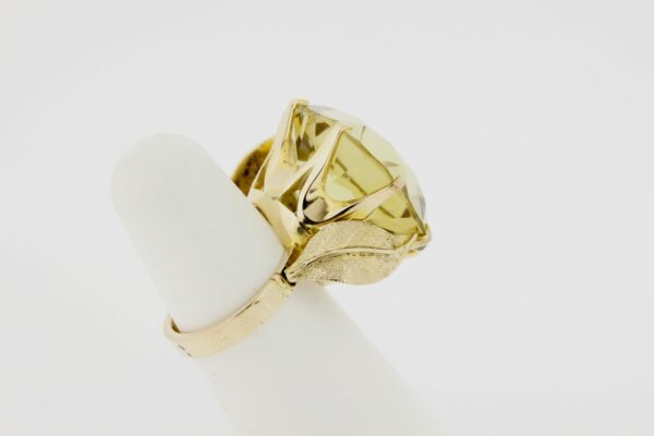 Timekeepersclayton 14K Yellow Gold Leaf Ring with Faceted Yellow Glass Center