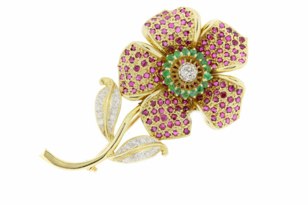 Timekeepersclayton Emerald Ruby and Dazzling Diamond Flower Brooch with Convertible Multi-strand Necklace Option 14K Yellow Gold