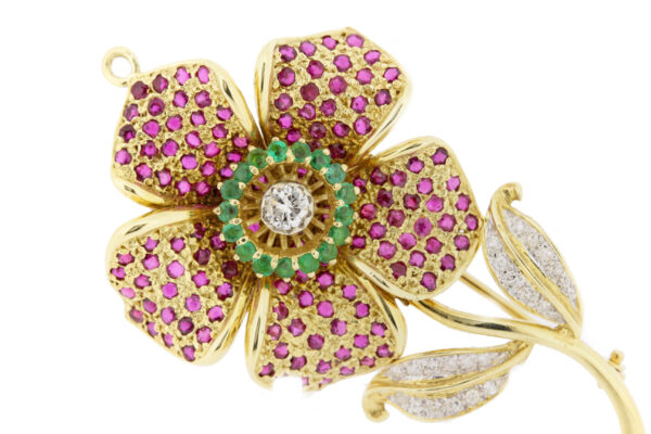 Timekeepersclayton Emerald Ruby and Dazzling Diamond Flower Brooch with Convertible Multi-strand Necklace Option 14K Yellow Gold
