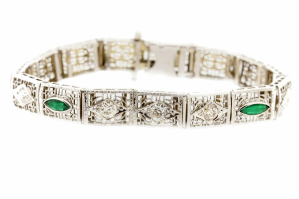 Timekeepersclayton 14K Gold Filigree Bracelet with Green and White Faceted Accents 6.5 Inches
