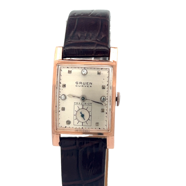 1940s Gruen Curvex Precision 14K Rose Gold Wrist Watch and Diamond Dial